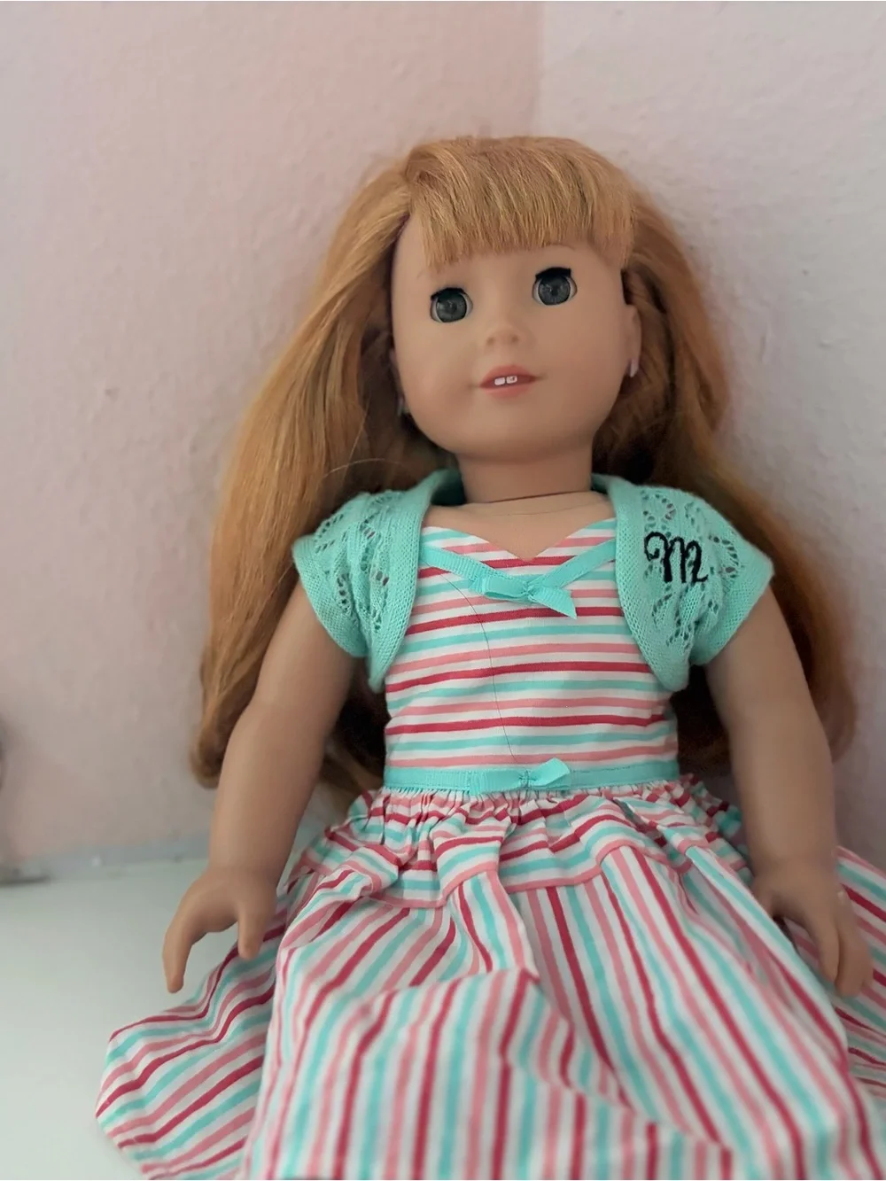 American Girl doll, Pink & Teal Striped Dress,cardigan and original clothing